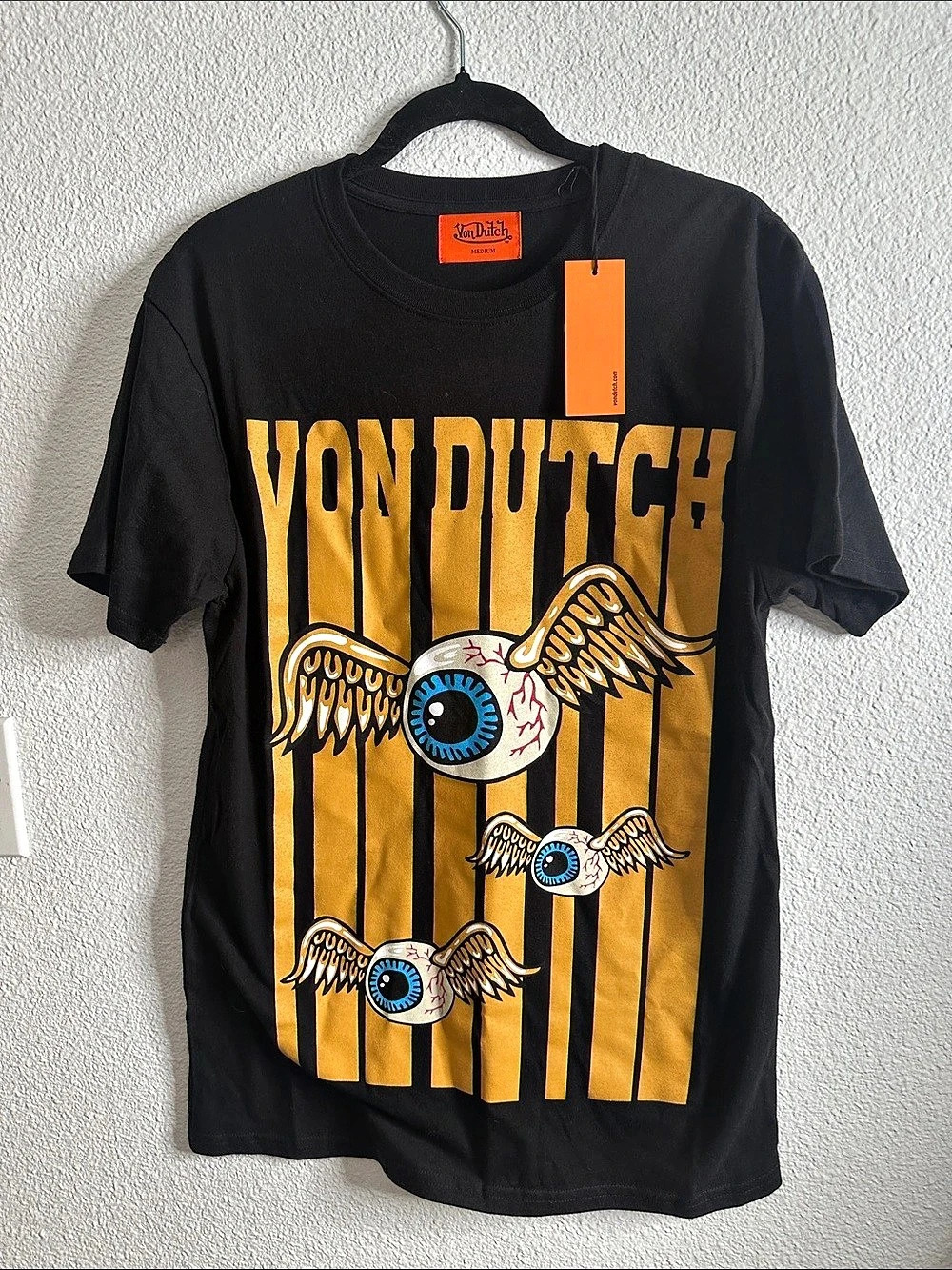 Von Dutch Striped Graphic Tee in Black & Gold Size Medium NWT